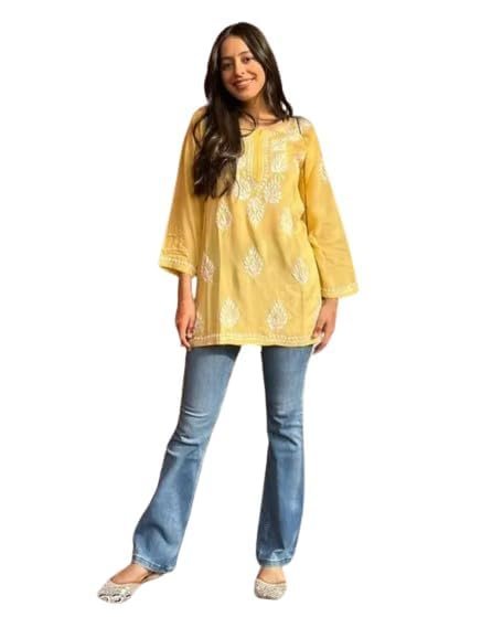 312cVFyQdLL.jpg Cotton Kurta for Women – Lakhnavi Chikankari Embroidered Ladies Kurti, Stylish Girls Top, Ethnic Half Kurtas, Tunic Design Woman Kurtis - Image 1