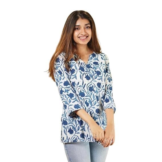 41a2rTcHfJL.jpg Indian Women's Tunics Tops Cotton Hand Block Printed Short Kurti Kurta Shirt Top for Women - Image 1